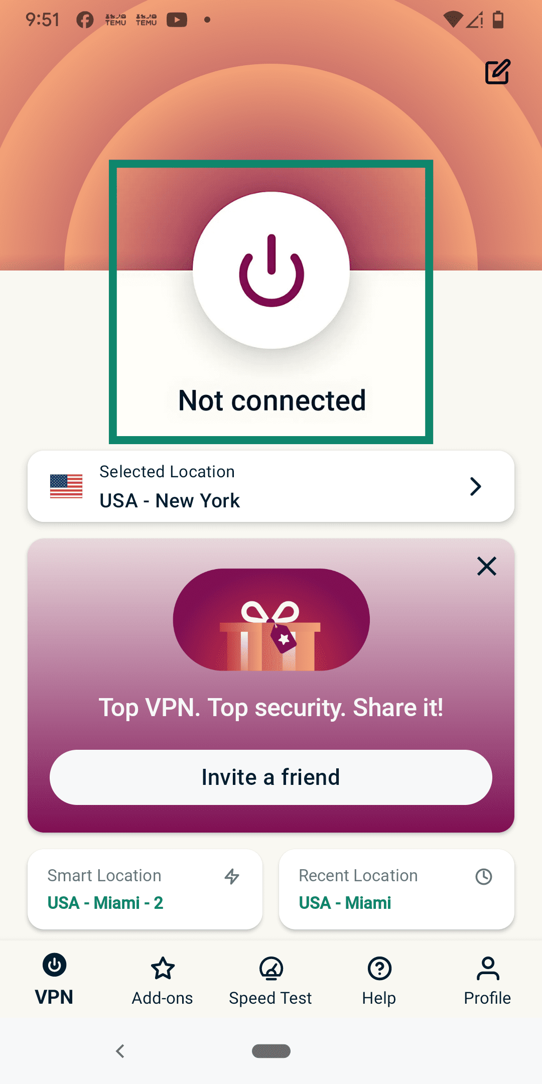 ExpressVPN app home screen, but disconnected.