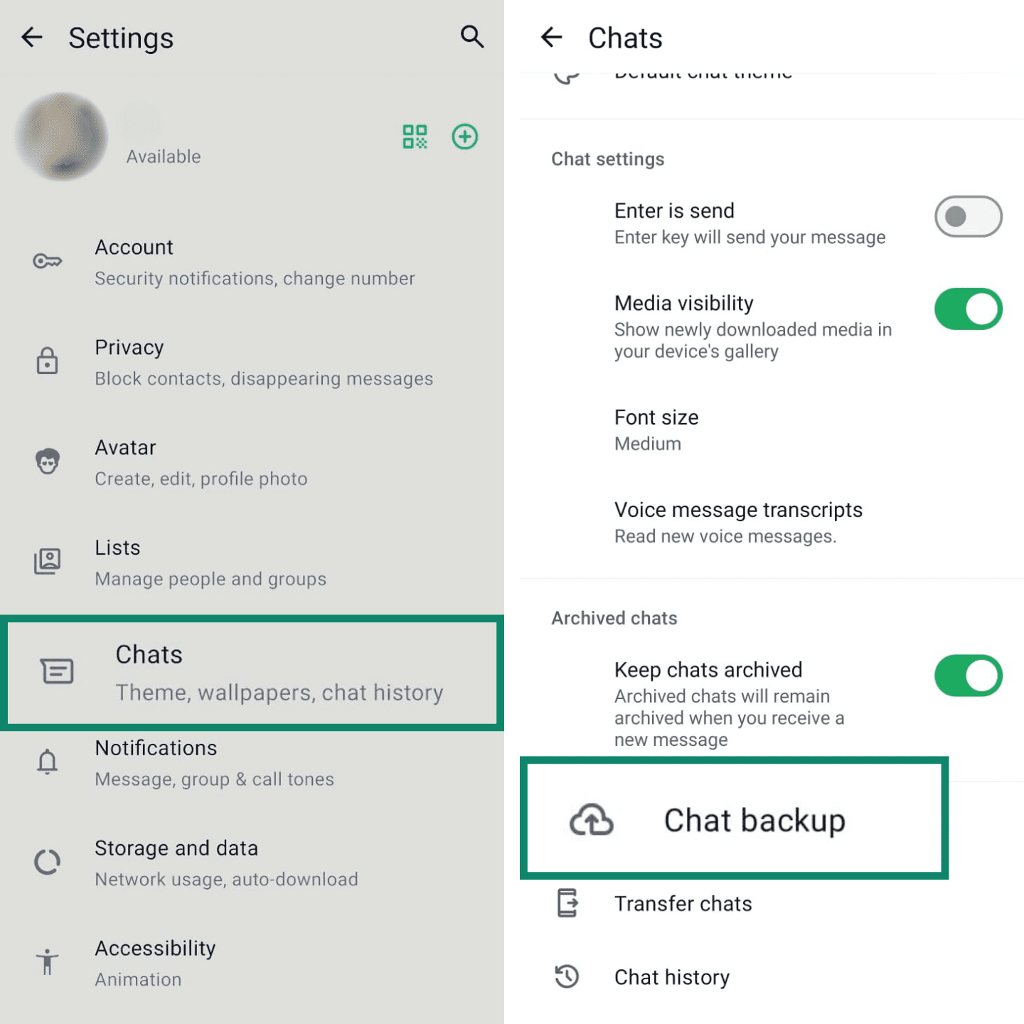 Two side-by-side screenshots showing the steps to find the chat backup option in WhatsApp. The first shows the ‘Chats’ menu selected from Settings. The second shows ‘Chat backup’ selected from the Chats screen.