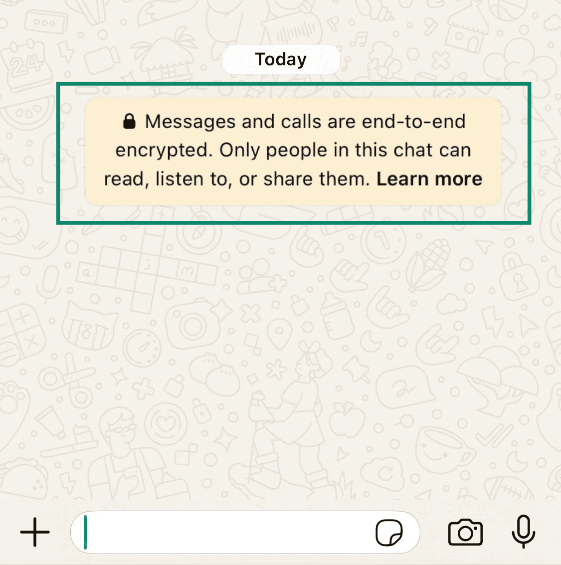 The “Messages and calls are end-to-end encrypted” banner in a new WhatsApp chat.