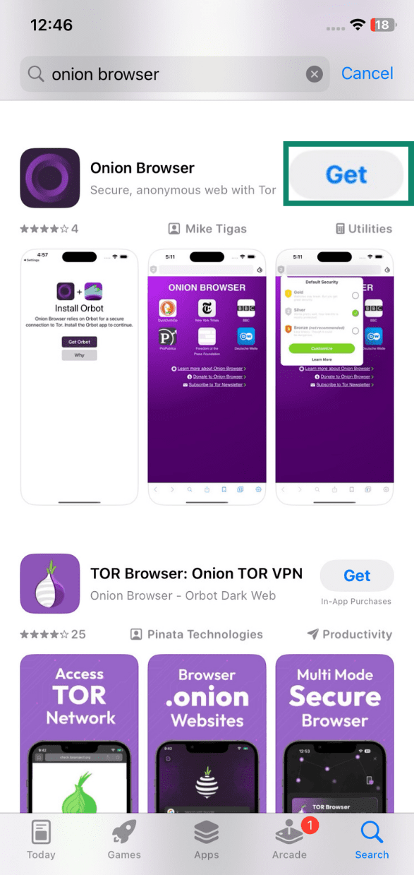 The Onion Browser app in the iOS App Store.