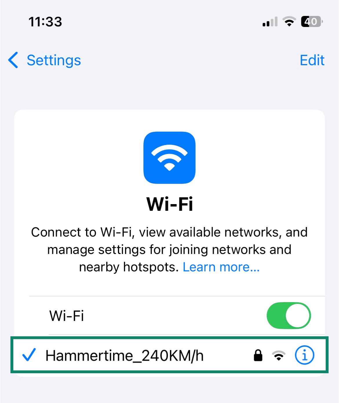 Close-up of available Wi-Fi networks on iOS with the active connection highlighted.