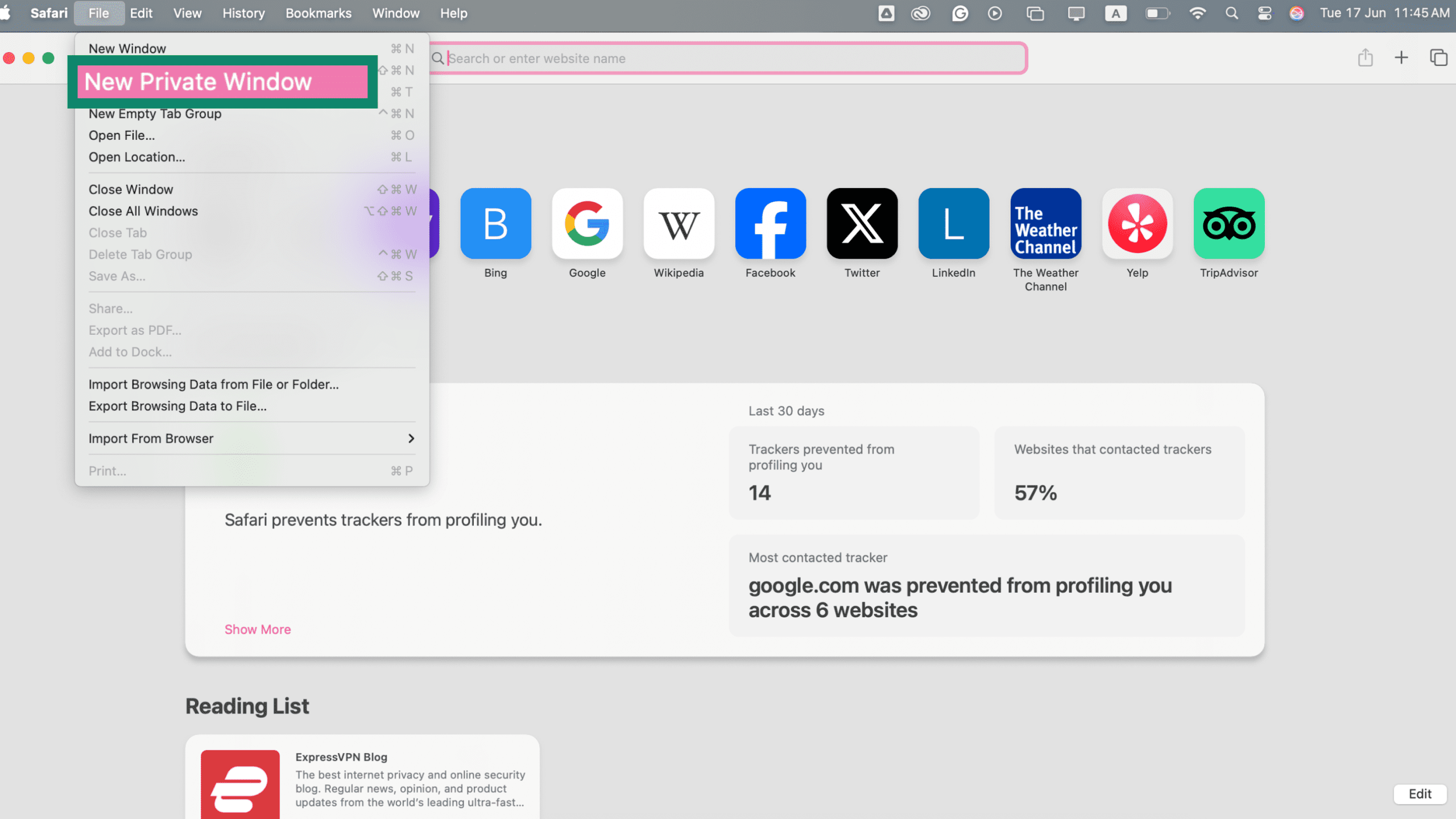 Safari desktop showing File menu with new private window option highlighted