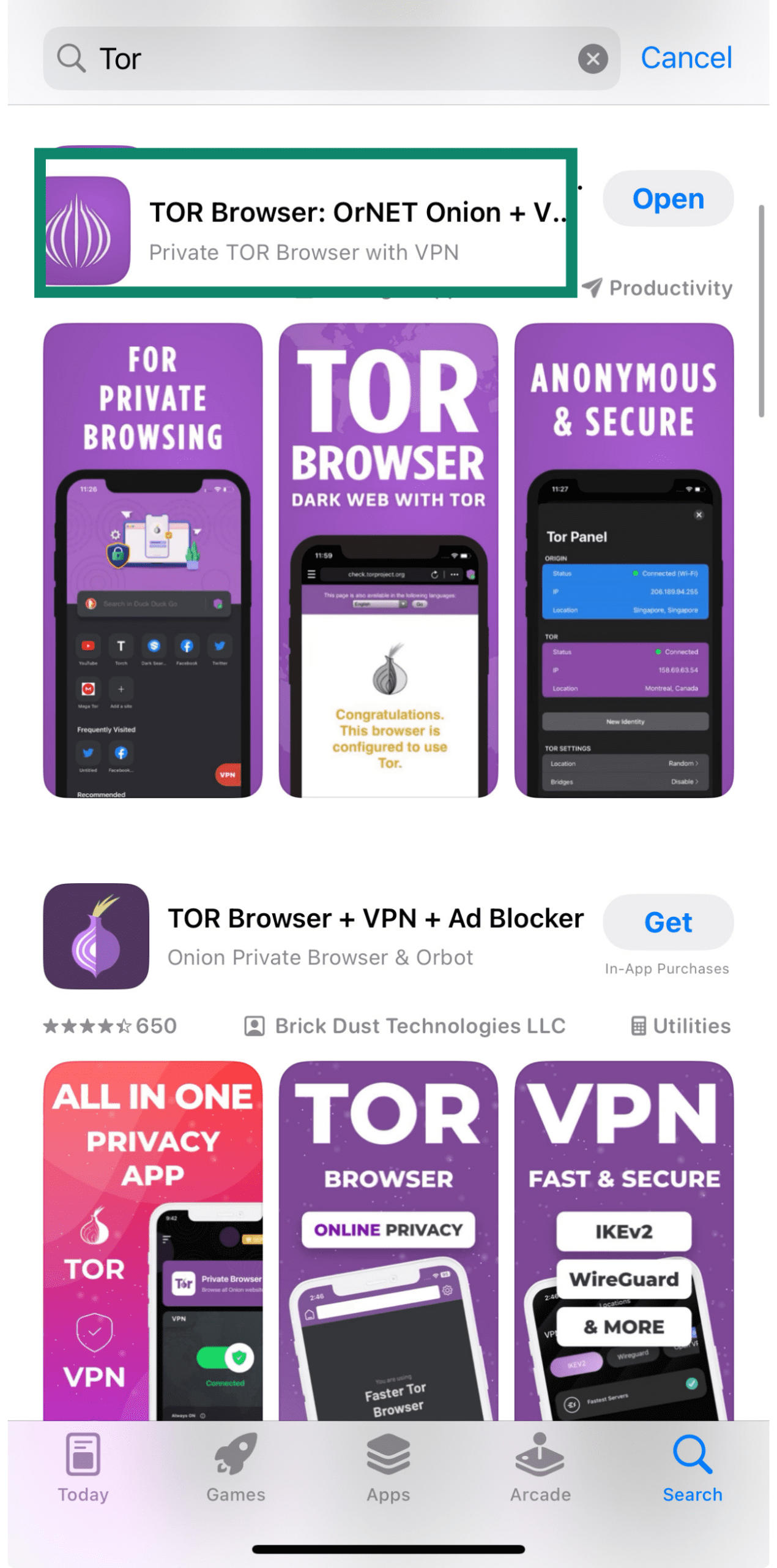 TOR Browser app store page showing features