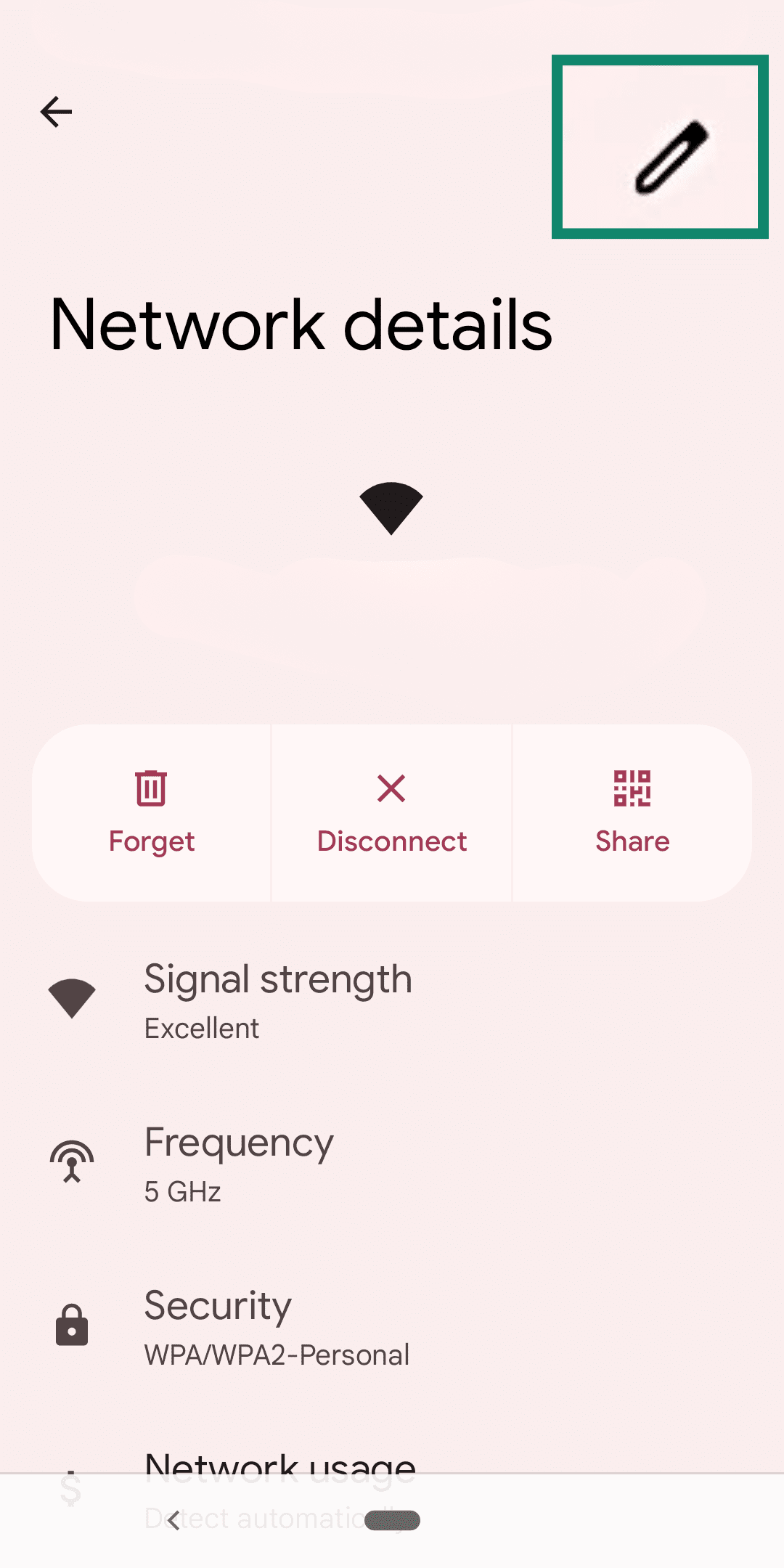 Android's Network details menu, with the Edit icon highlighted.