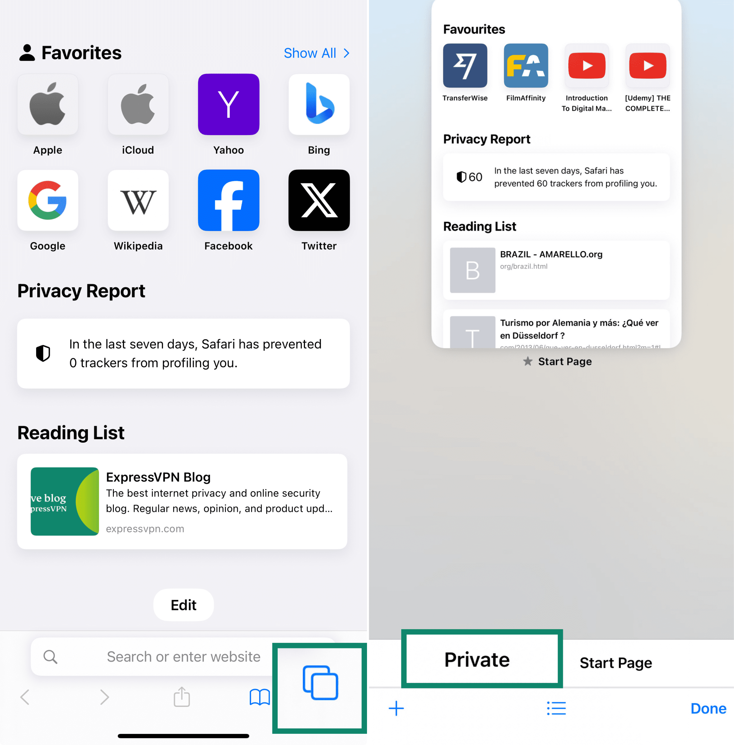 Two side-by-side screenshots of the Safari app on iPhone. The left screenshot highlights the tab icon—two overlapping squares in the bottom-right corner. The right screenshot shows the