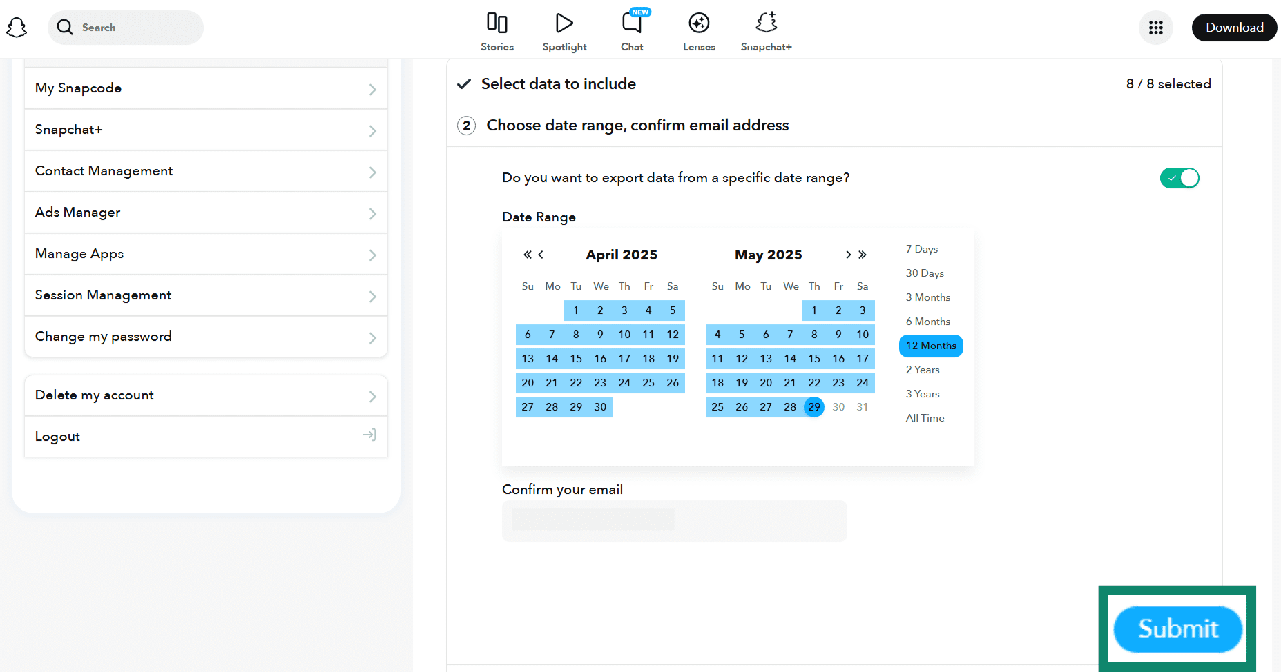 The second Snapchat data save screen, showing the option to select the date range of the downloaded data.