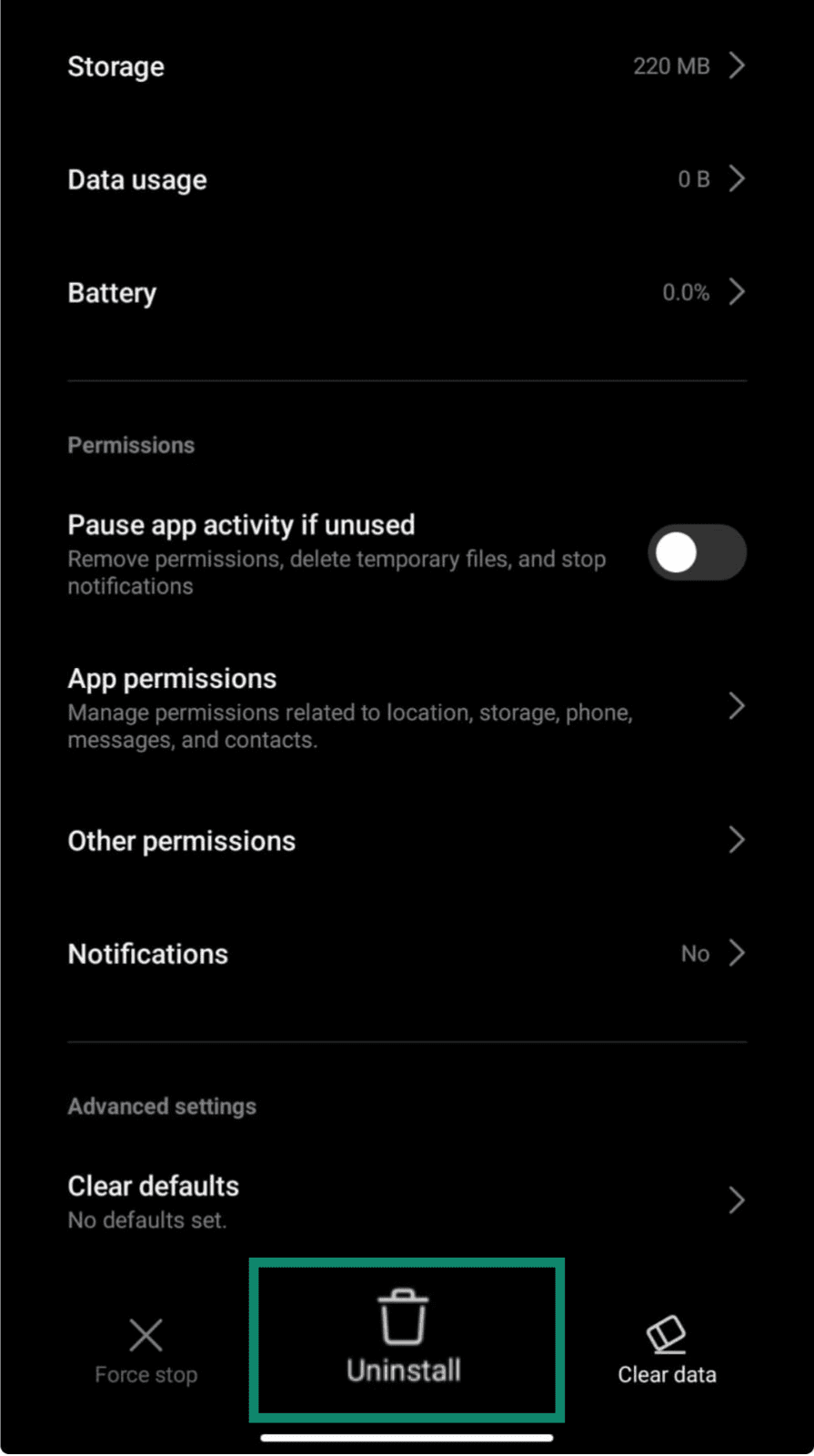 The Uninstall button on an Android phone.