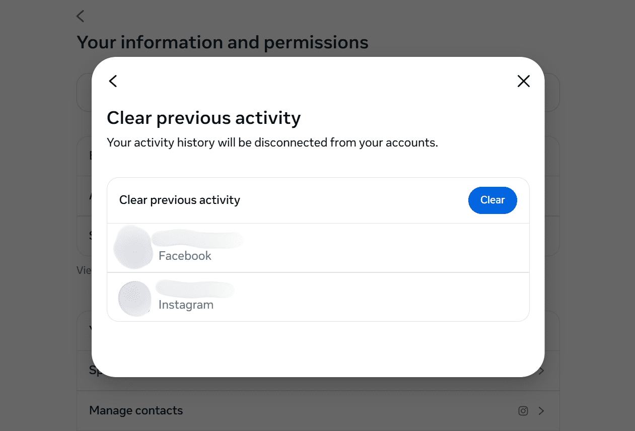 Menu showing the accounts from which off-site activity will be cleared.