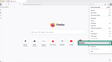 Firefox settings menu on desktop with Settings option highlighted.