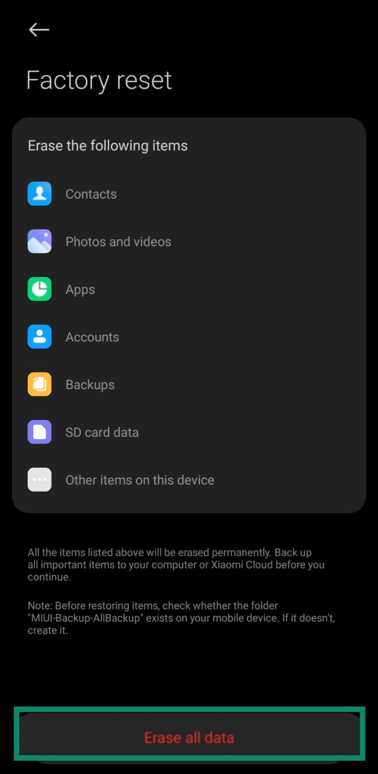 The factory reset options on an Android phone.