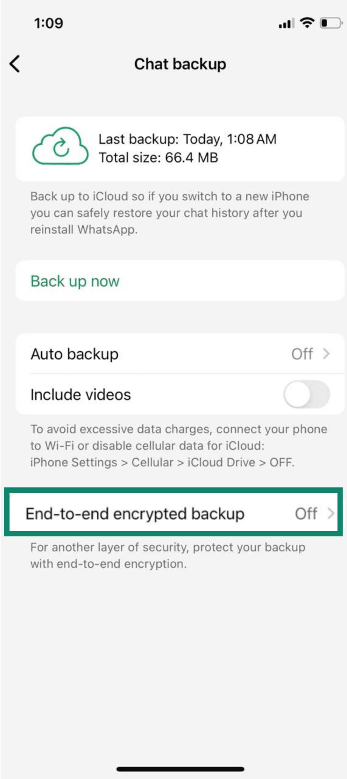 iPhone Chat backup screen with end-to-end encrypted backup switched off