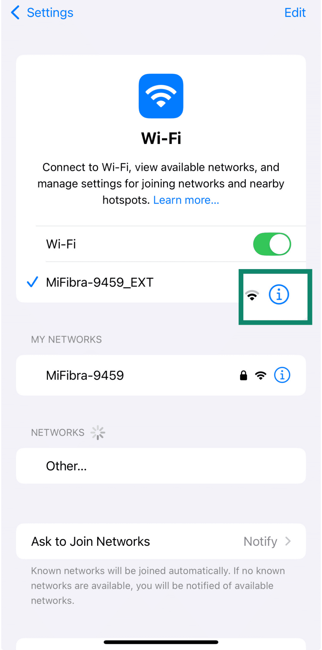 iPhone WiFi menu displaying connected network details