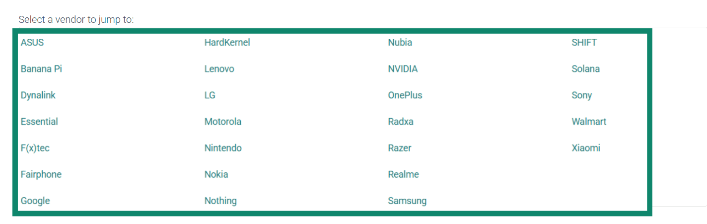 LineageOS device list and vendor filter page with support warning