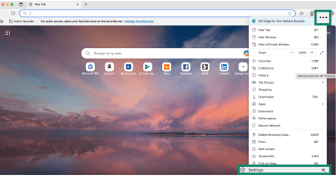 Microsoft Edge settings menu open highlighting Settings option