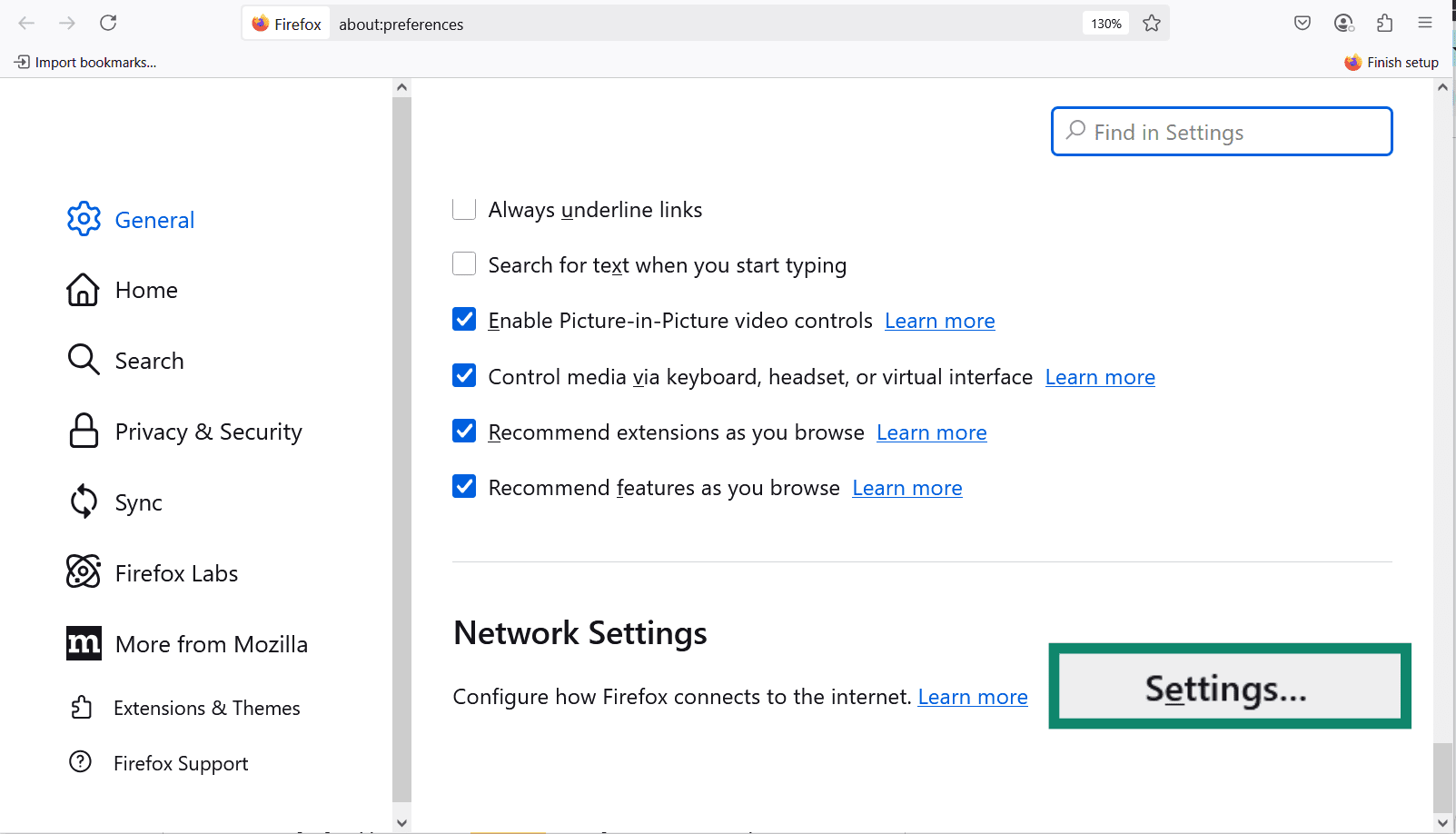 The Firefox Settings menu scrolled down to the bottom, with Network Settings highlighted.