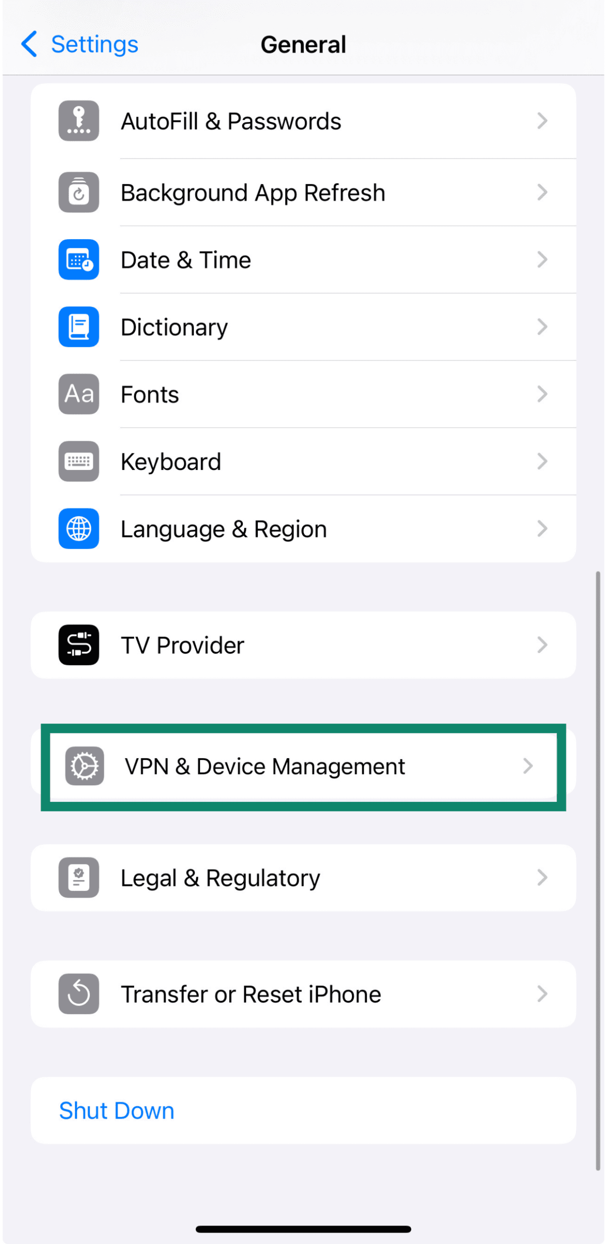 iPhone settings showing VPN and Device Management to manage security profiles