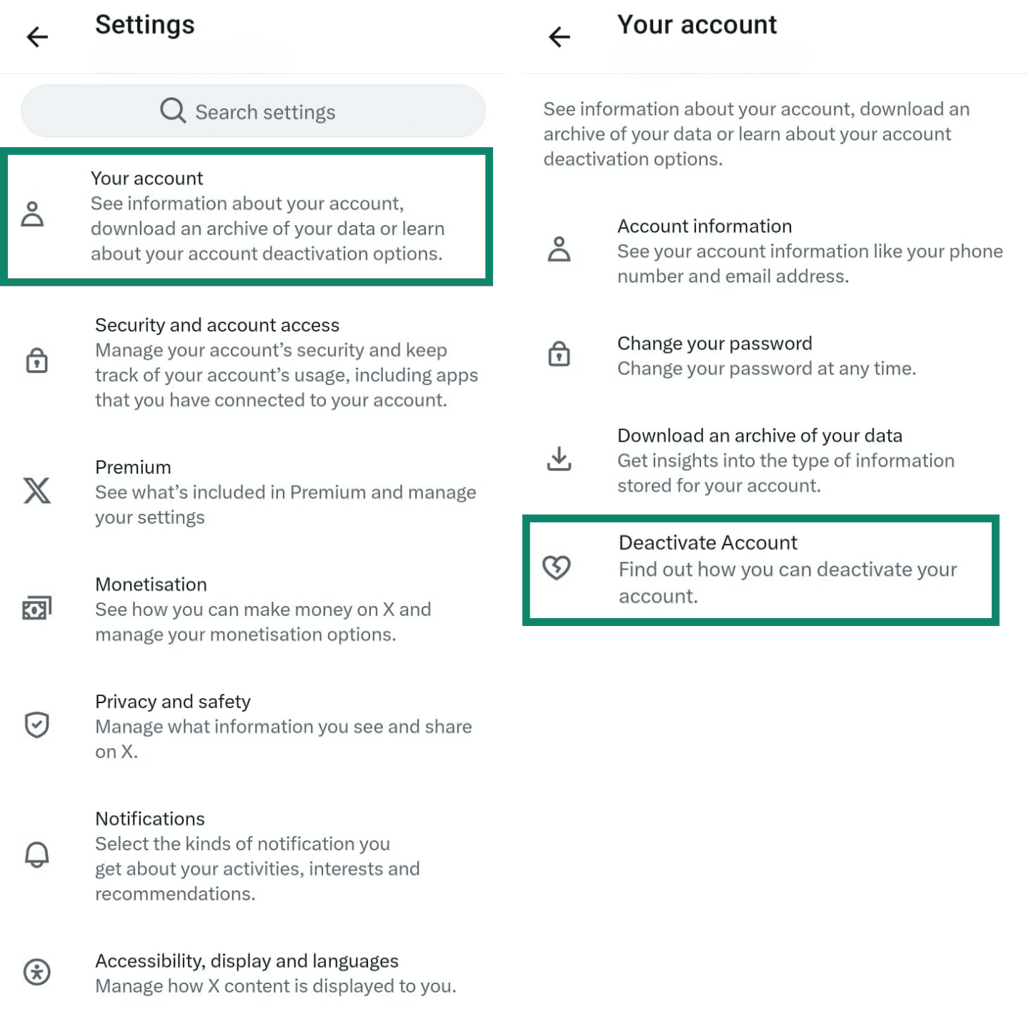 Two side-by-side screenshots for iOS, with the first panel showing the "Your account" option being selected from the Settings menu. The second panel shows the "Deactivate your account" option being selected from the following screen.