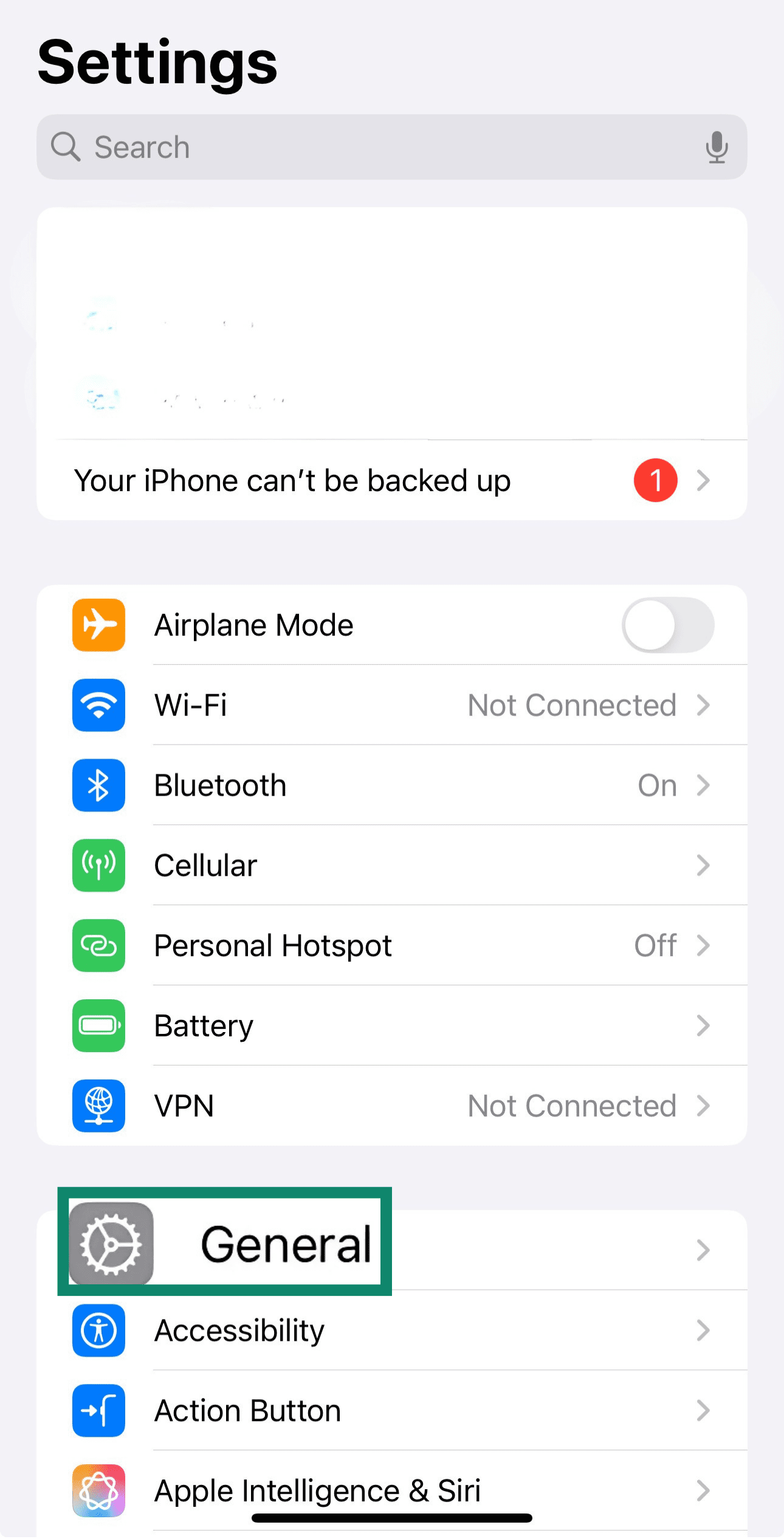 An iPhone's General option in the Settings menu.