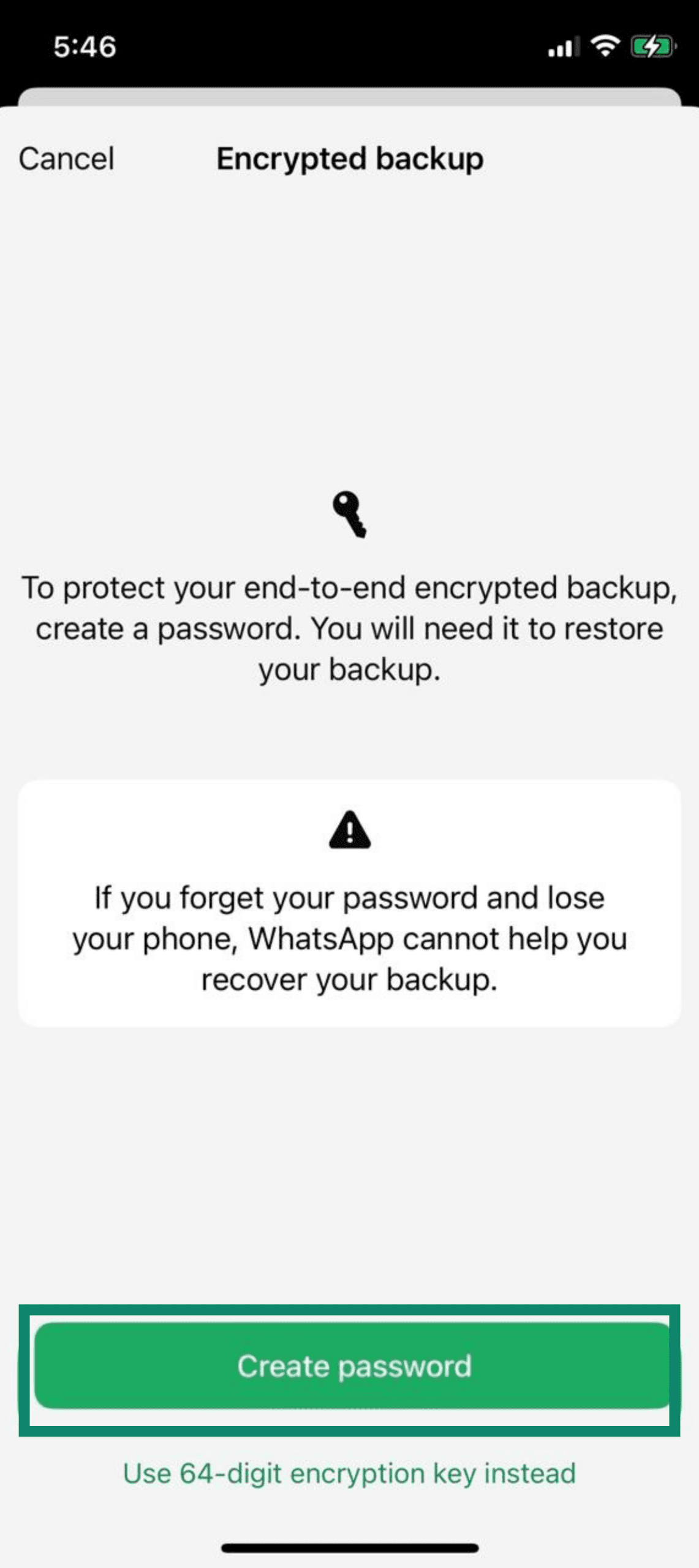 Prompt to create a password for encrypted backup with warning about forgotten password