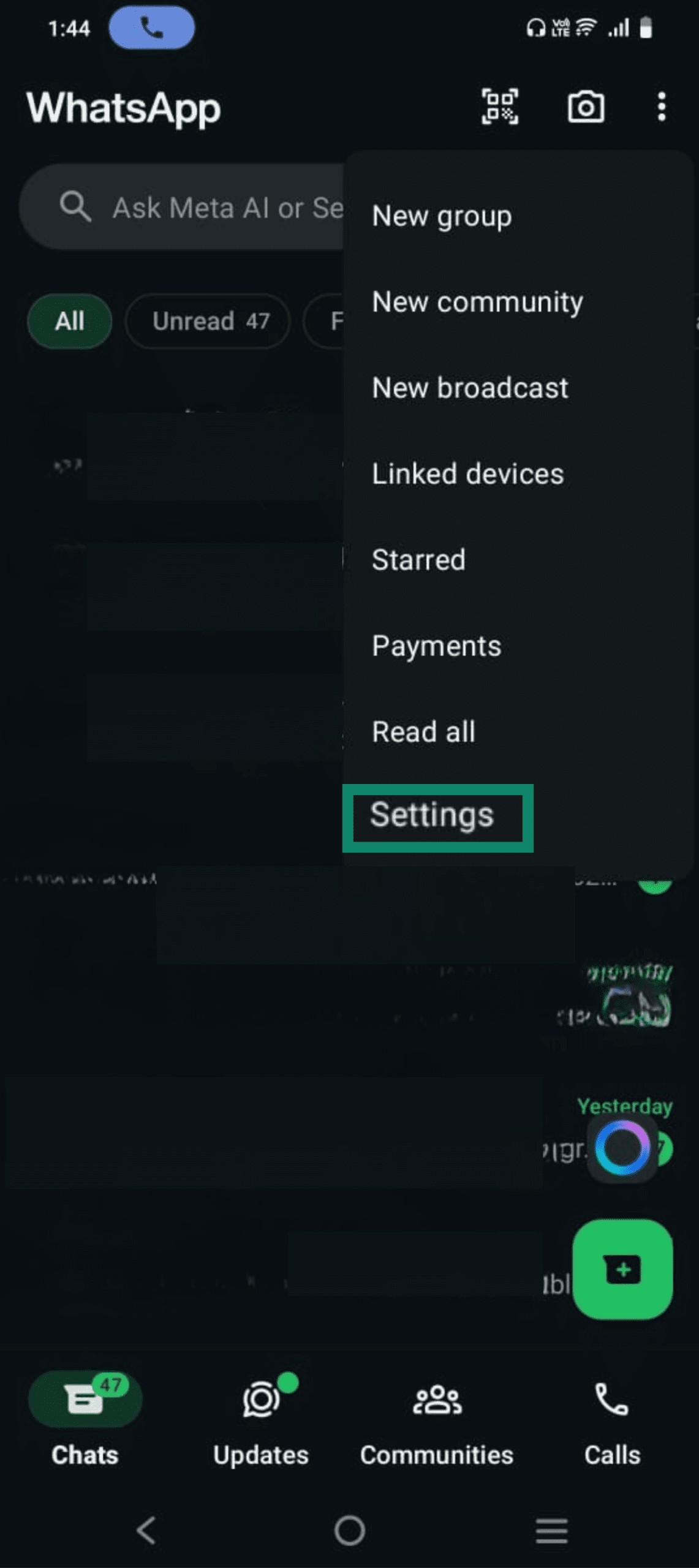 WhatsApp Android app with settings option highlighted