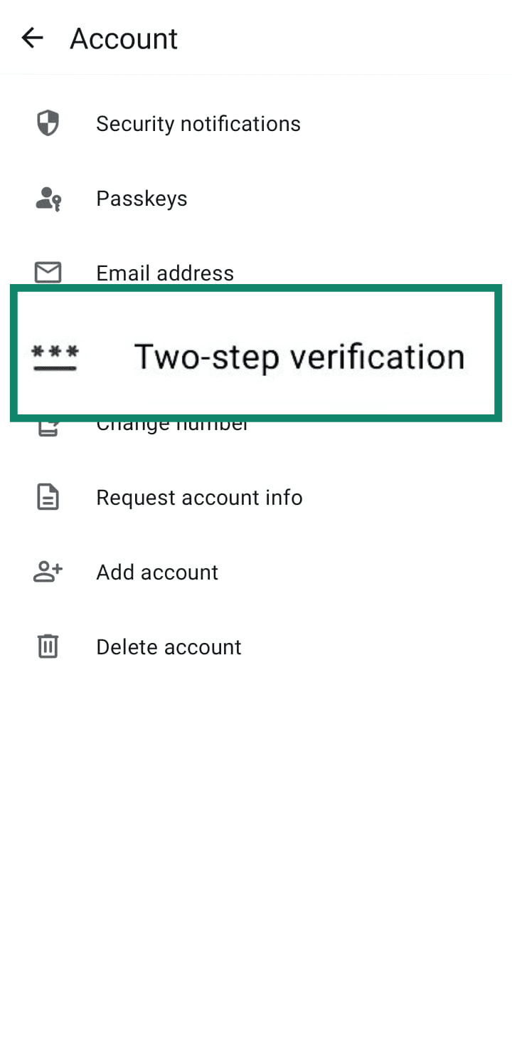 The WhatsApp Account settings menu, with the 'Two-step verification' option highlighted.