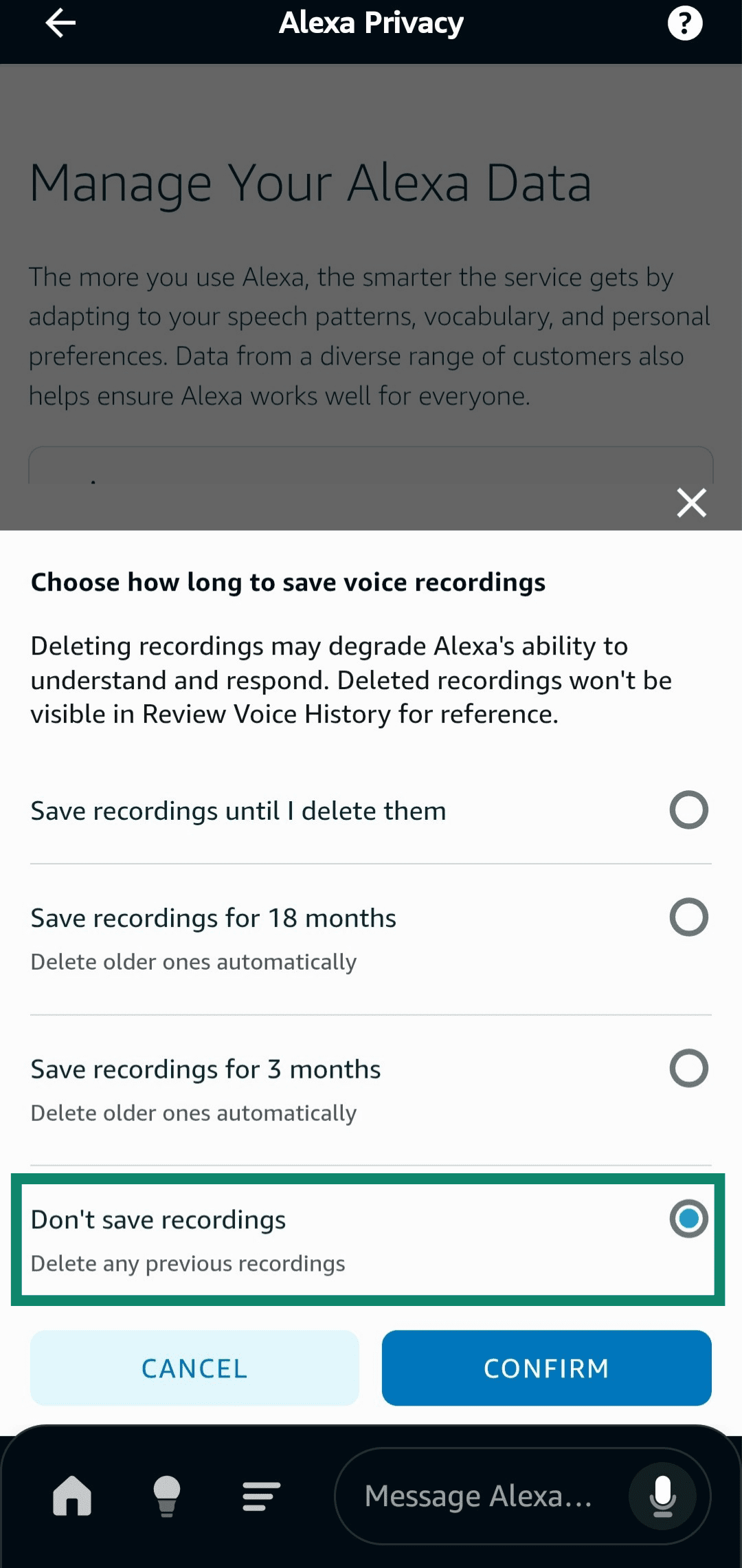 Using the Amazon app to configure Alexa to not save any recordings.