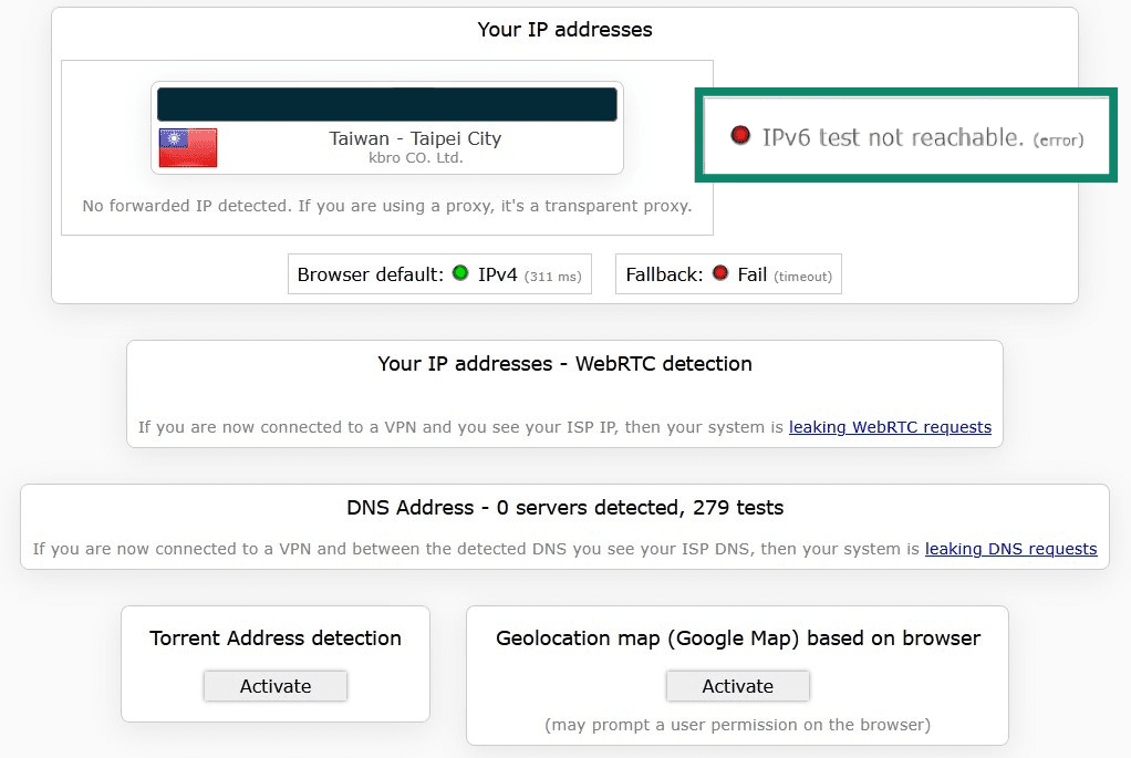 IPv6 leak test results highlighting the fact that no IPv6 address was found.