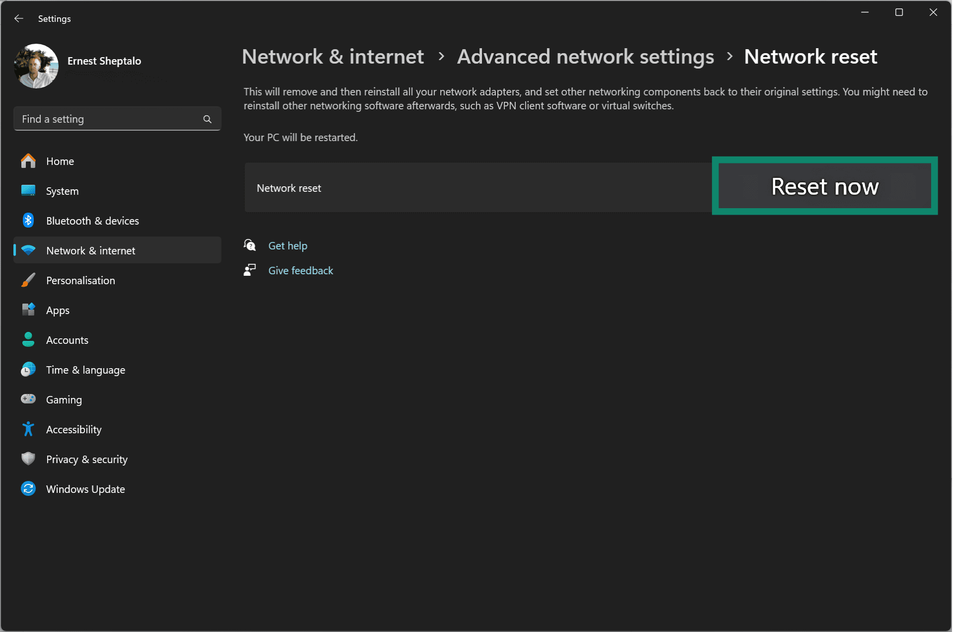 In the Network reset menu, confirm the process.