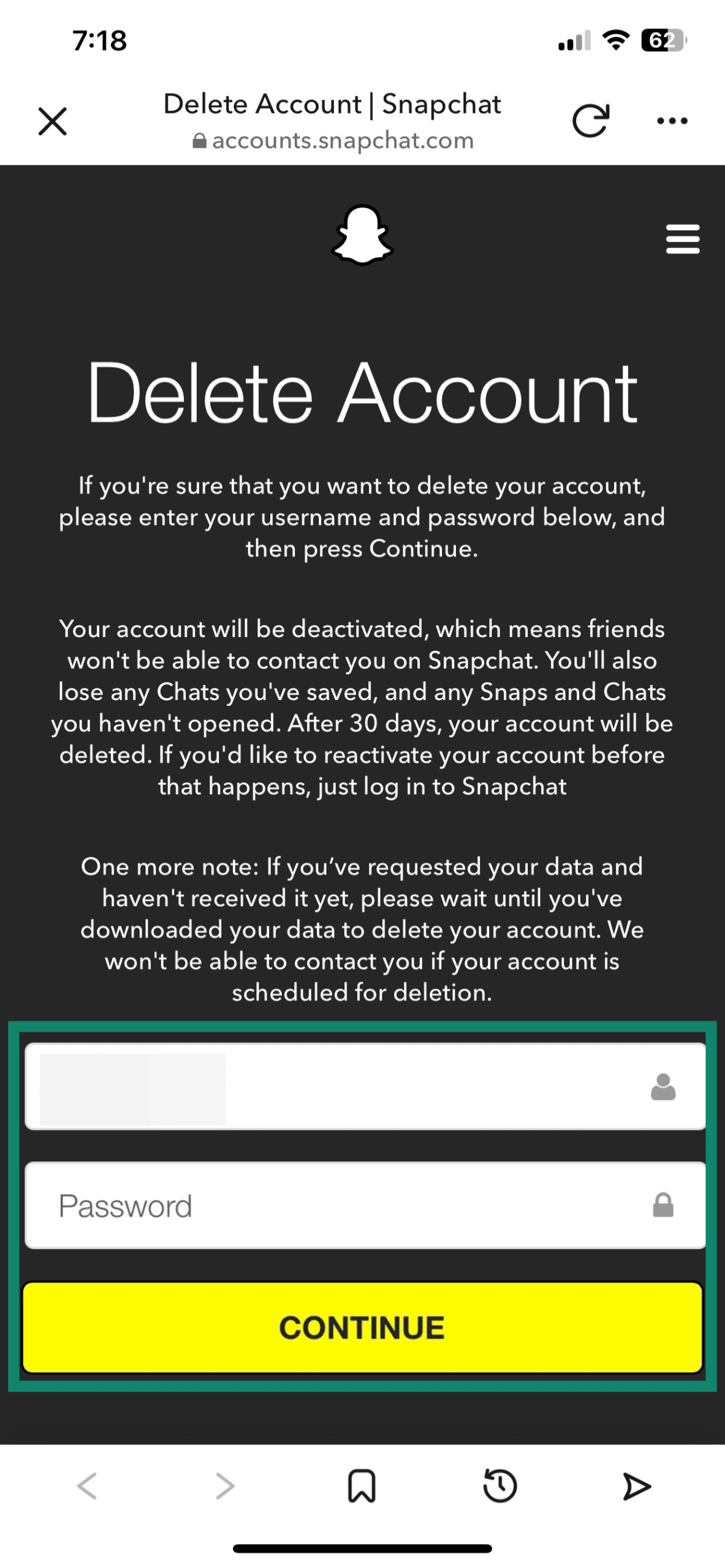The Delete Account page for the Snapchat iOS app.