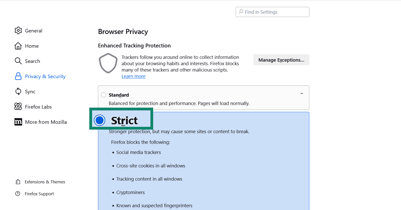 Firefox Enhanced Tracking Protection set to Strict.