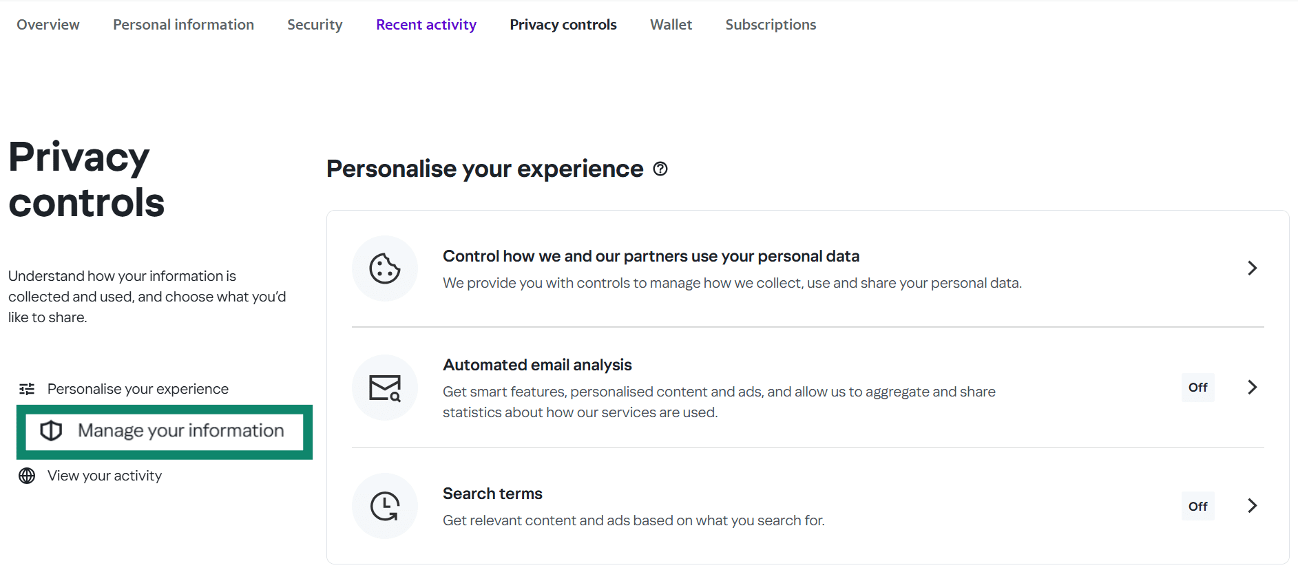 Yahoo Privacy controls menu with the Manage your information option highlighted.