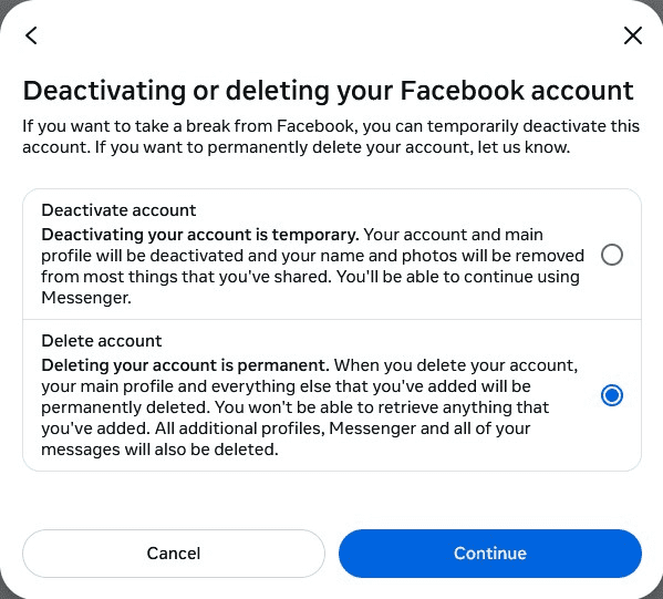 Deactivating or deleting your Facebook account selection screen.