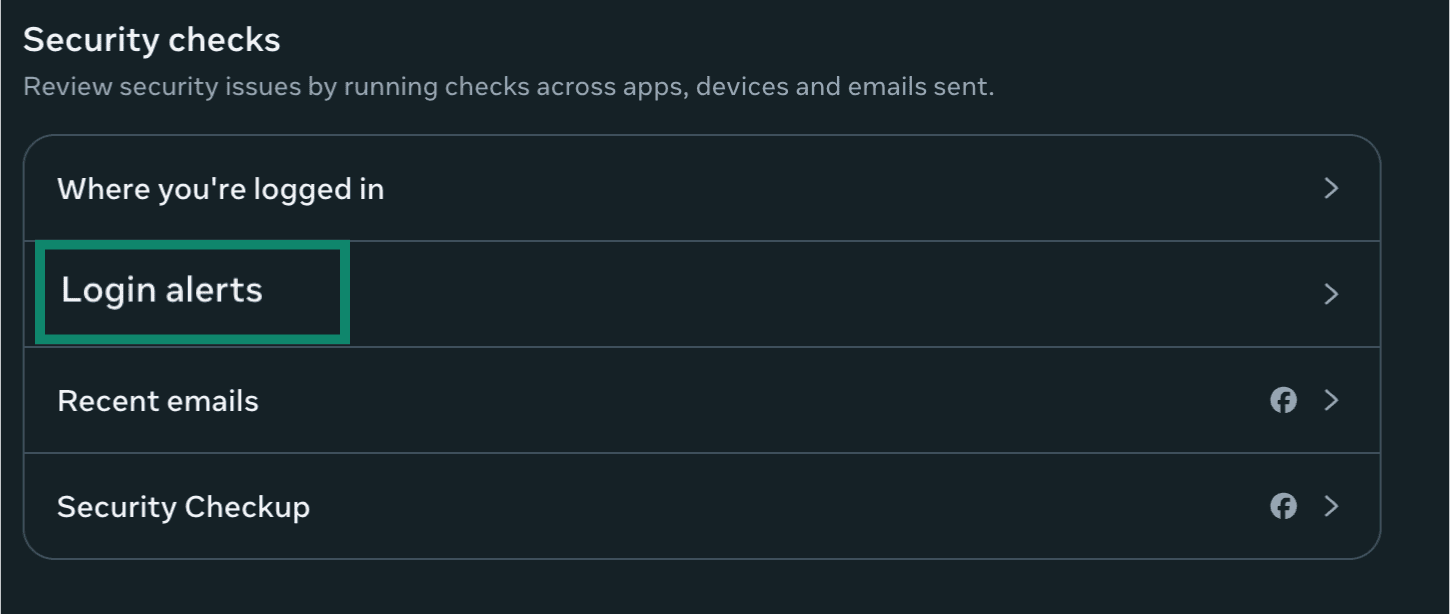 Facebook settings page with Login alerts highlighted.