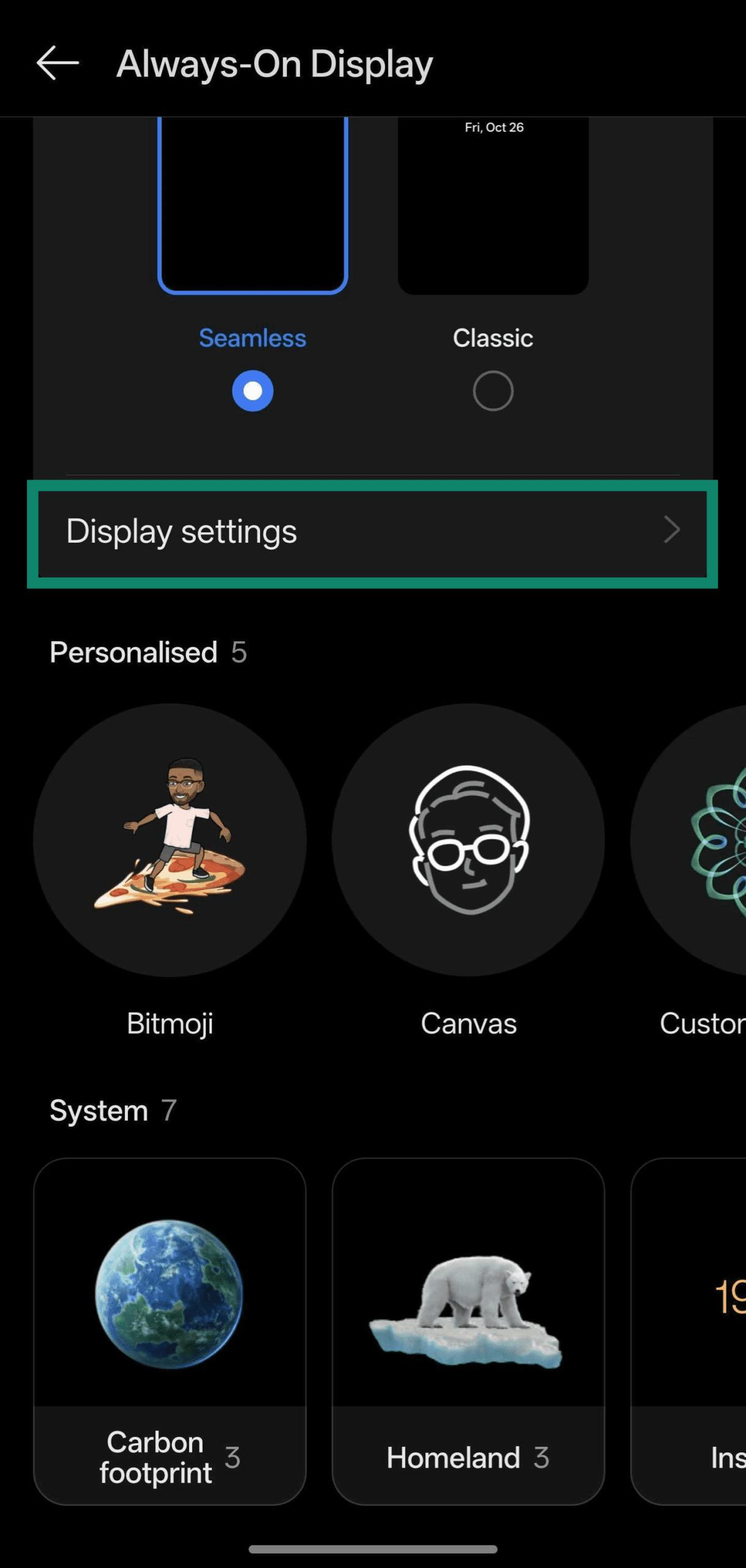 Screenshot showing how to access Always-On Display configuration on a OnePlus device