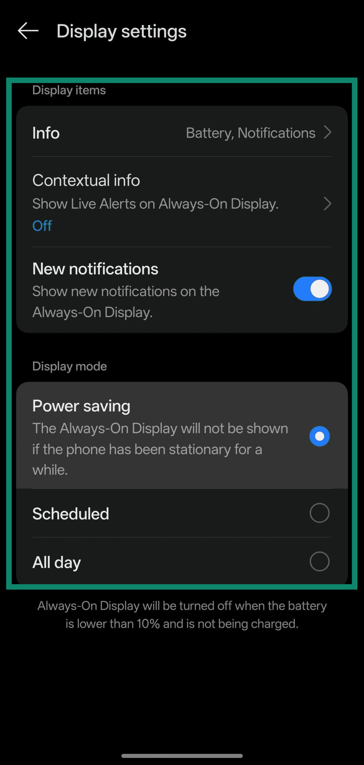 Screenshot showing how to customize Always-On Display Settings on OnePlus