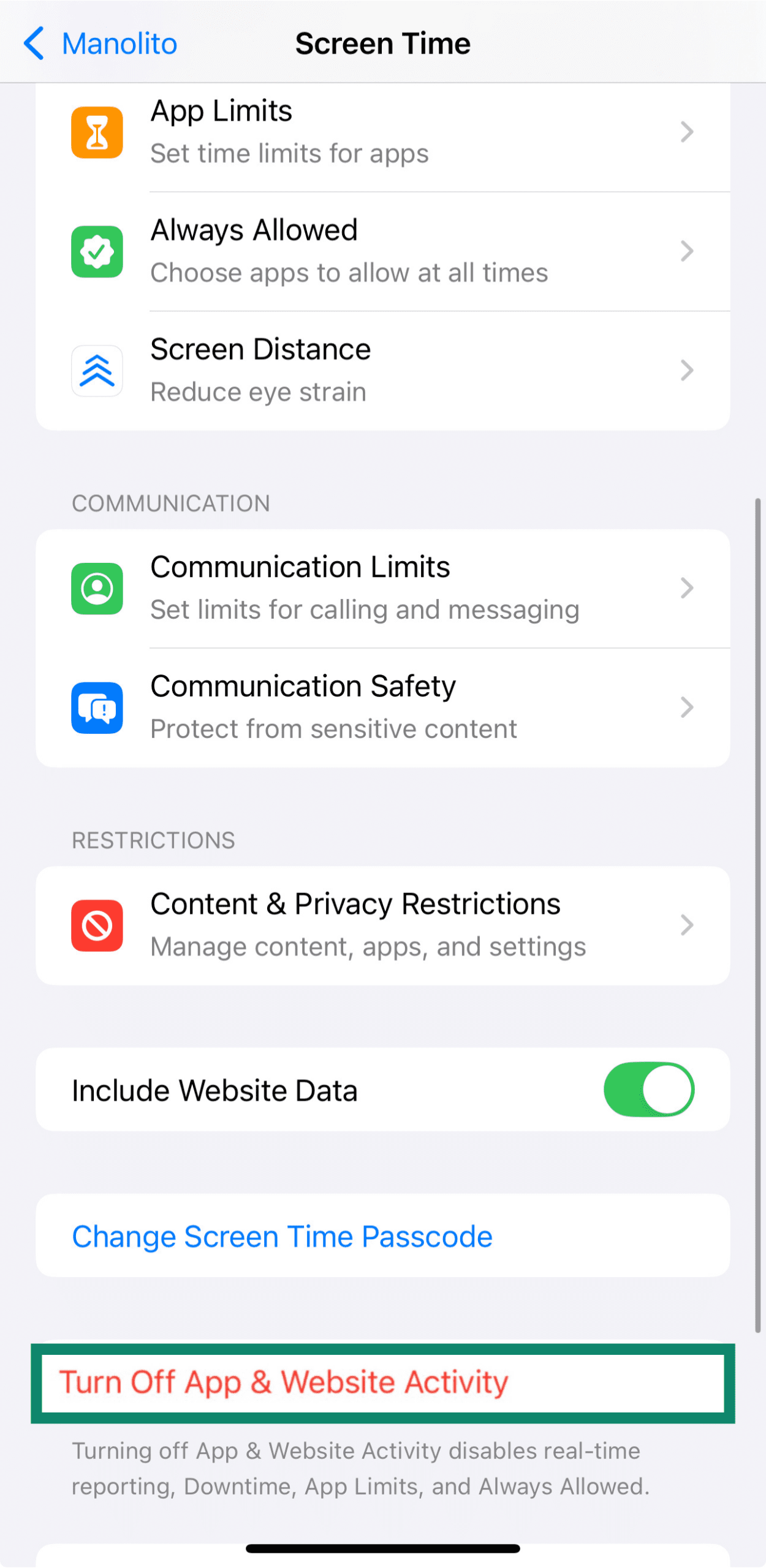 Option to turn off App & Website Activity in Screen Time settings