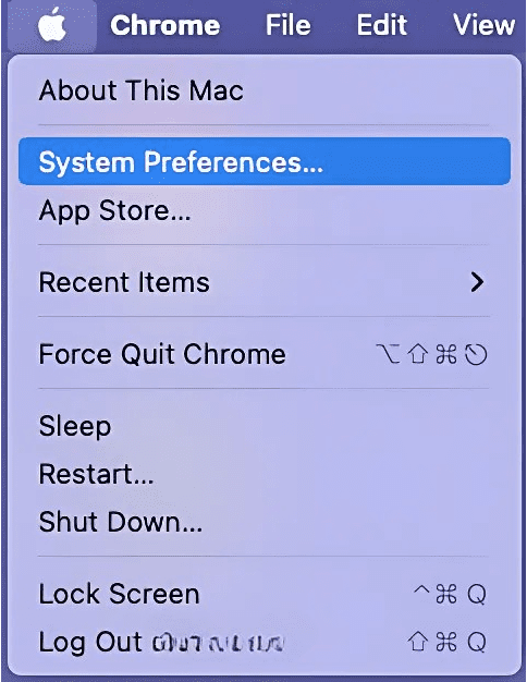 Apple menu with the System Preferences button highlighted