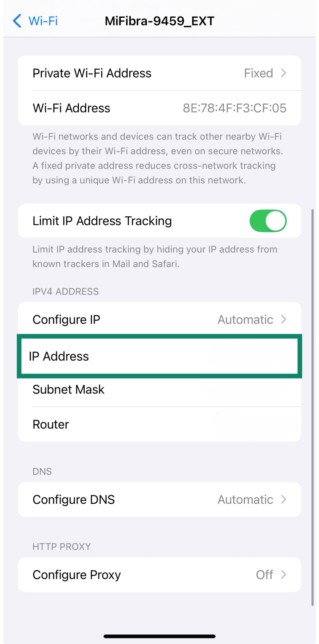WiFi network options on iPhone with IP address and router info