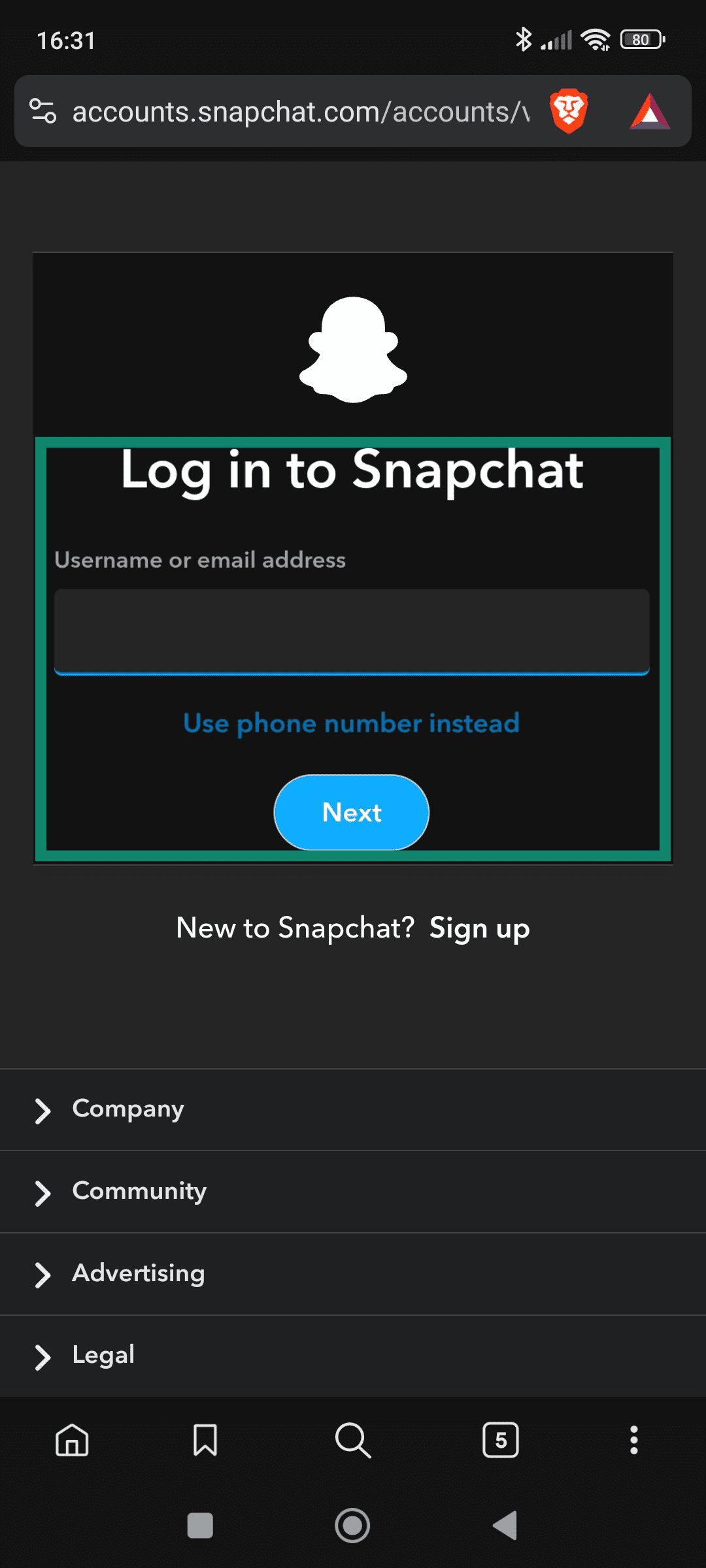 The Snapchat login page on an Android device.