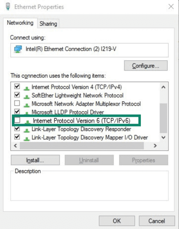 Windows 10 Ethernet Properties highlighting the item Internet Protocol Version 6 (TCP/IPv6).