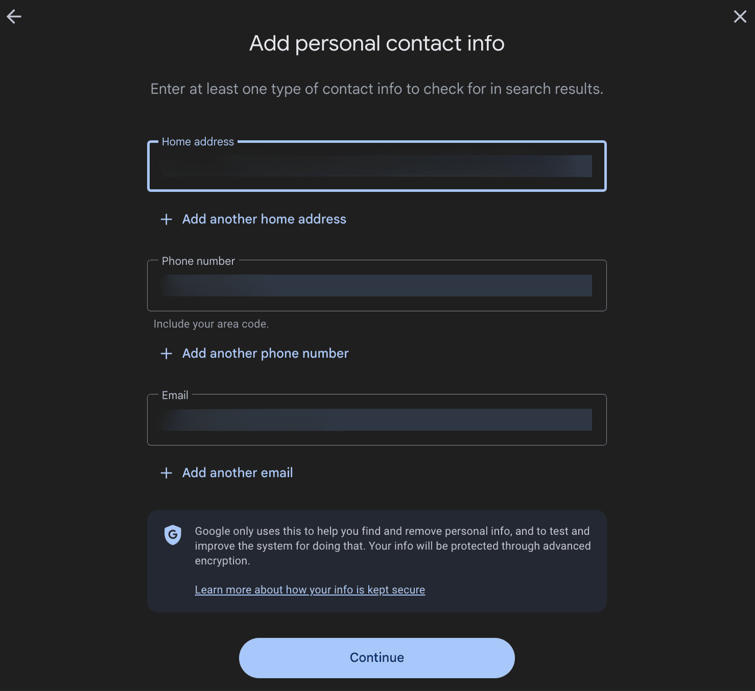 Google's data removal page showing other personal information types that can be checked for removal.