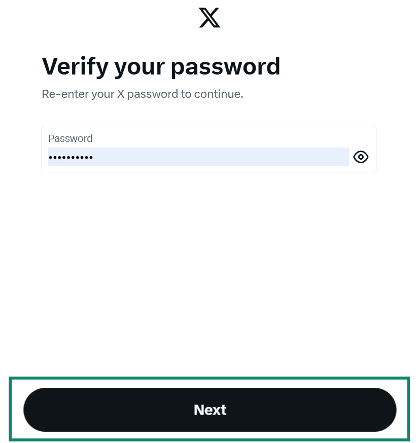The X password verification screen prompting the user to re-enter their password to continue.