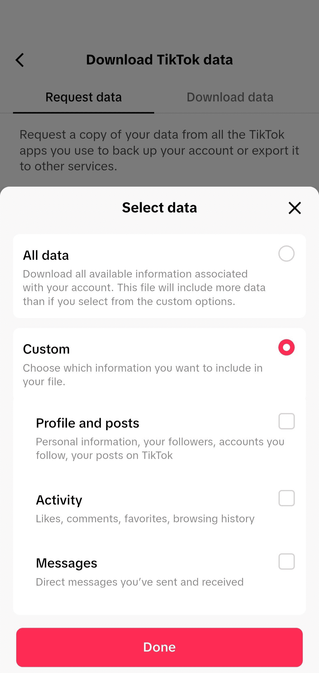Screenshot showing the selection of personal TikTok data to be downloaded