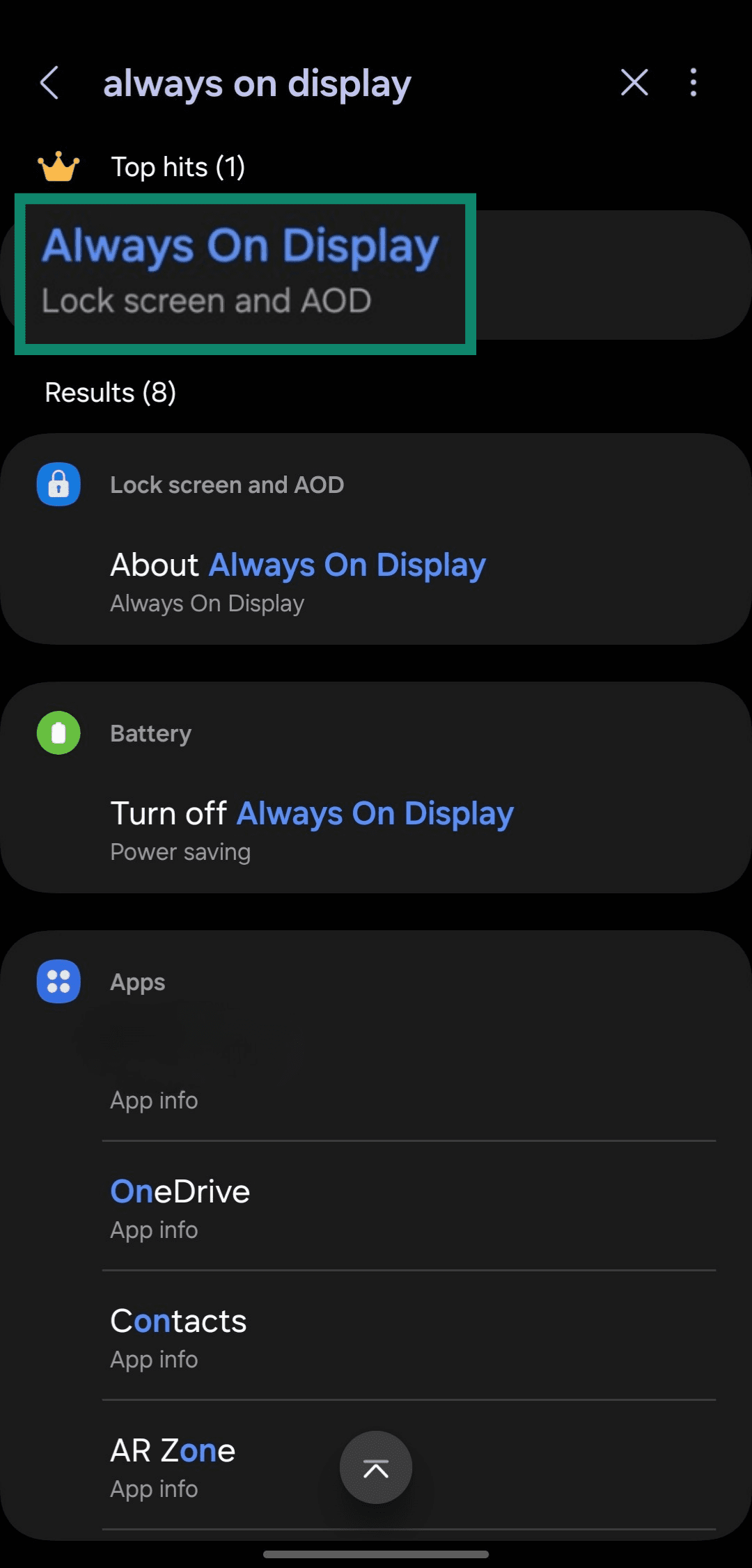 Searching for the Always On Display feature in a Samsung phone's settings menu