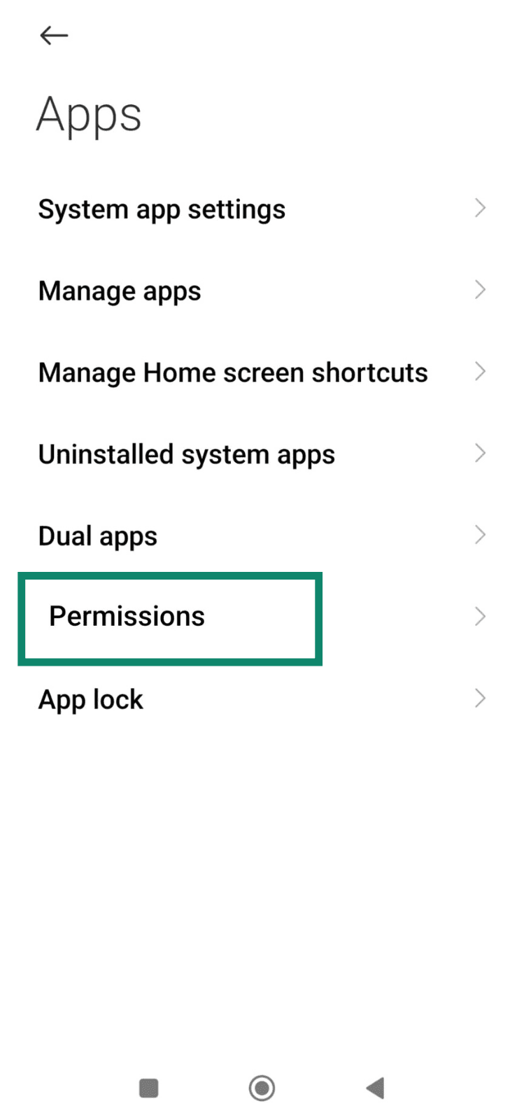 Android apps settings screen highlighting "Permissions" option.