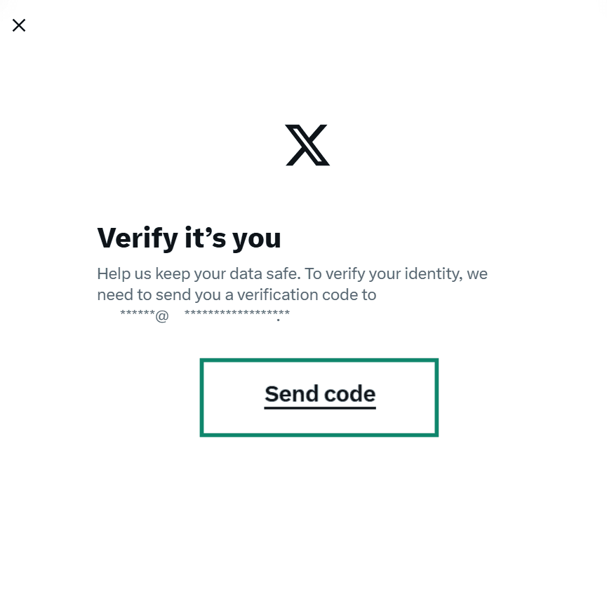 The X identity verification screen titled "Verify it's you," with a "Send code" button to get a verification code.