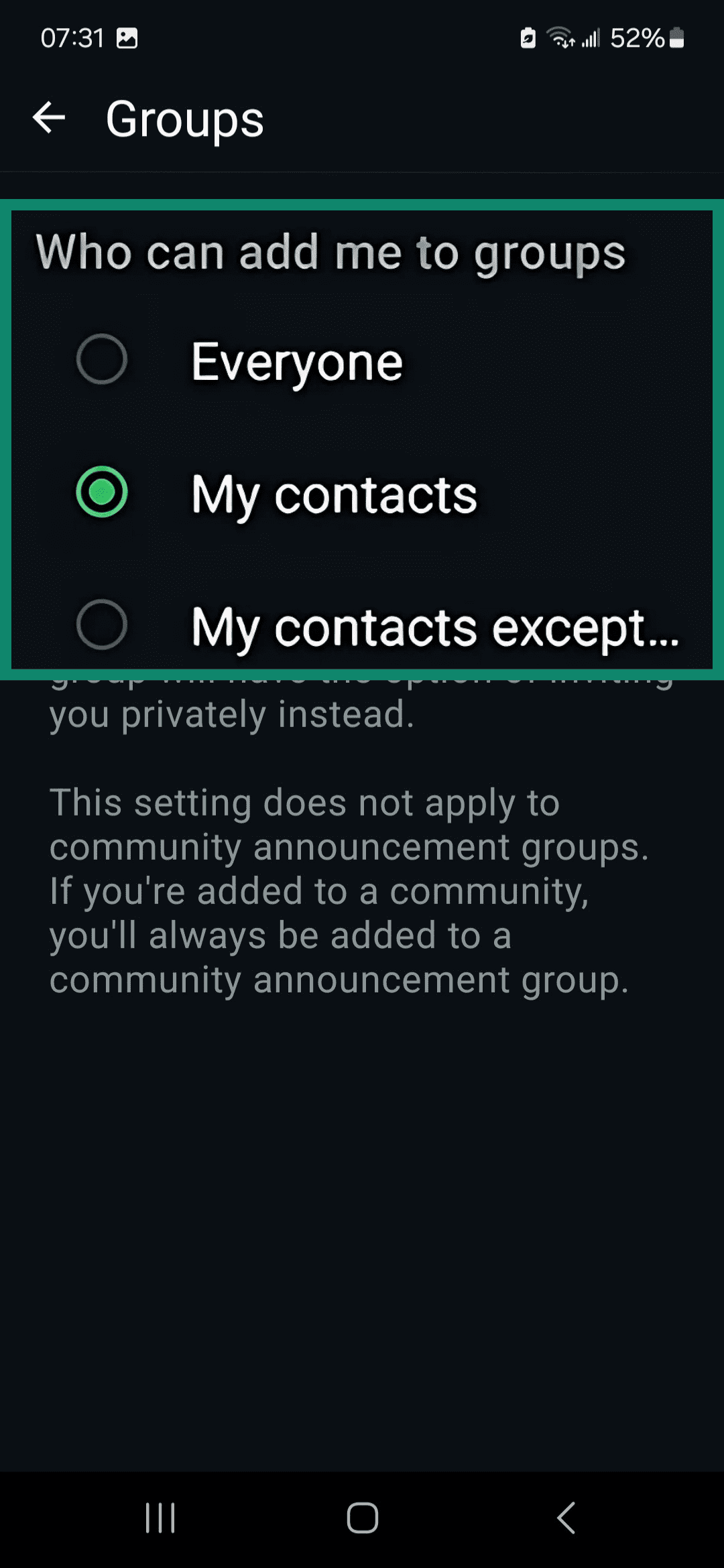WhatsApp Groups settings highlighting preferences for Who can add me to groups.
