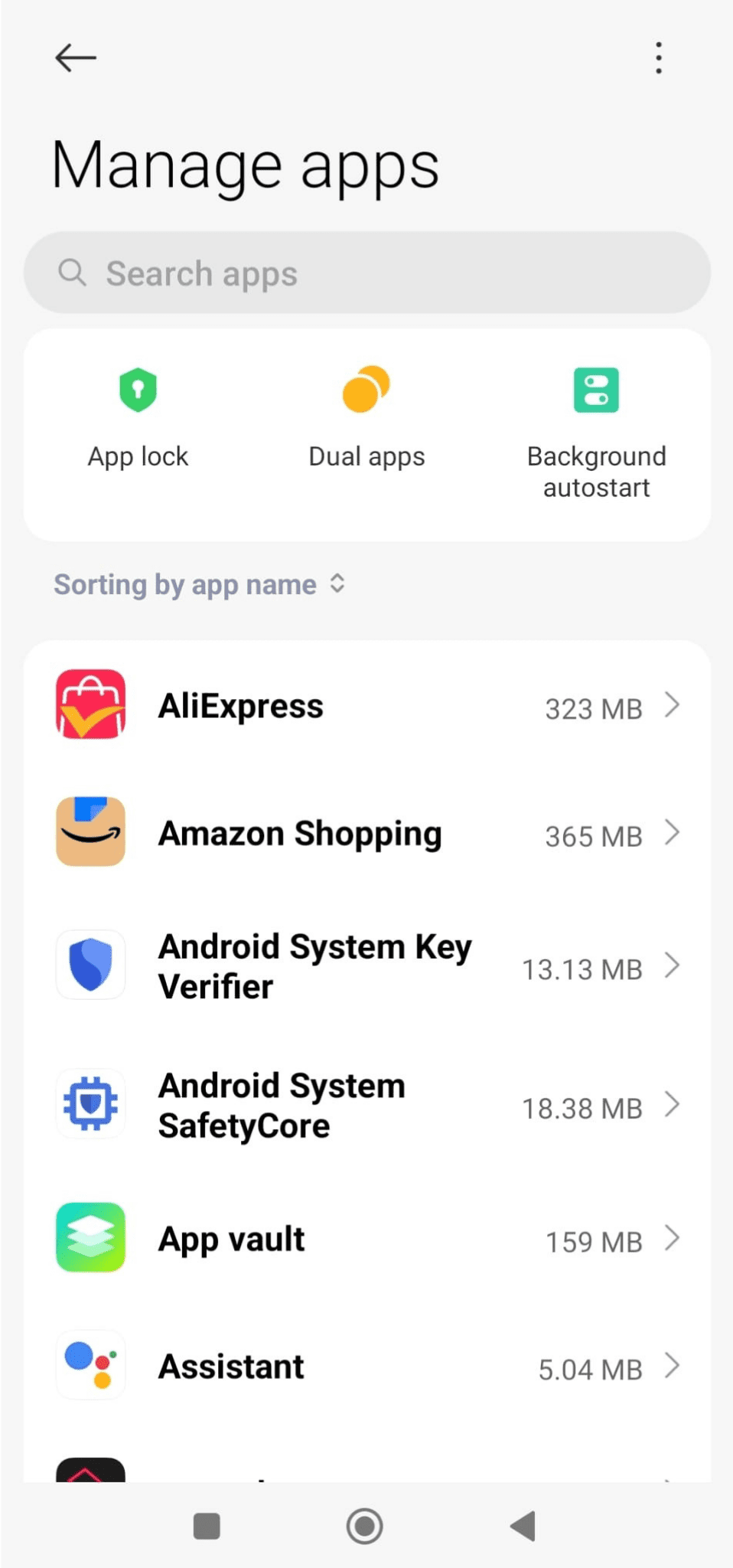 Manage apps screen showing list of installed Android apps with storage size