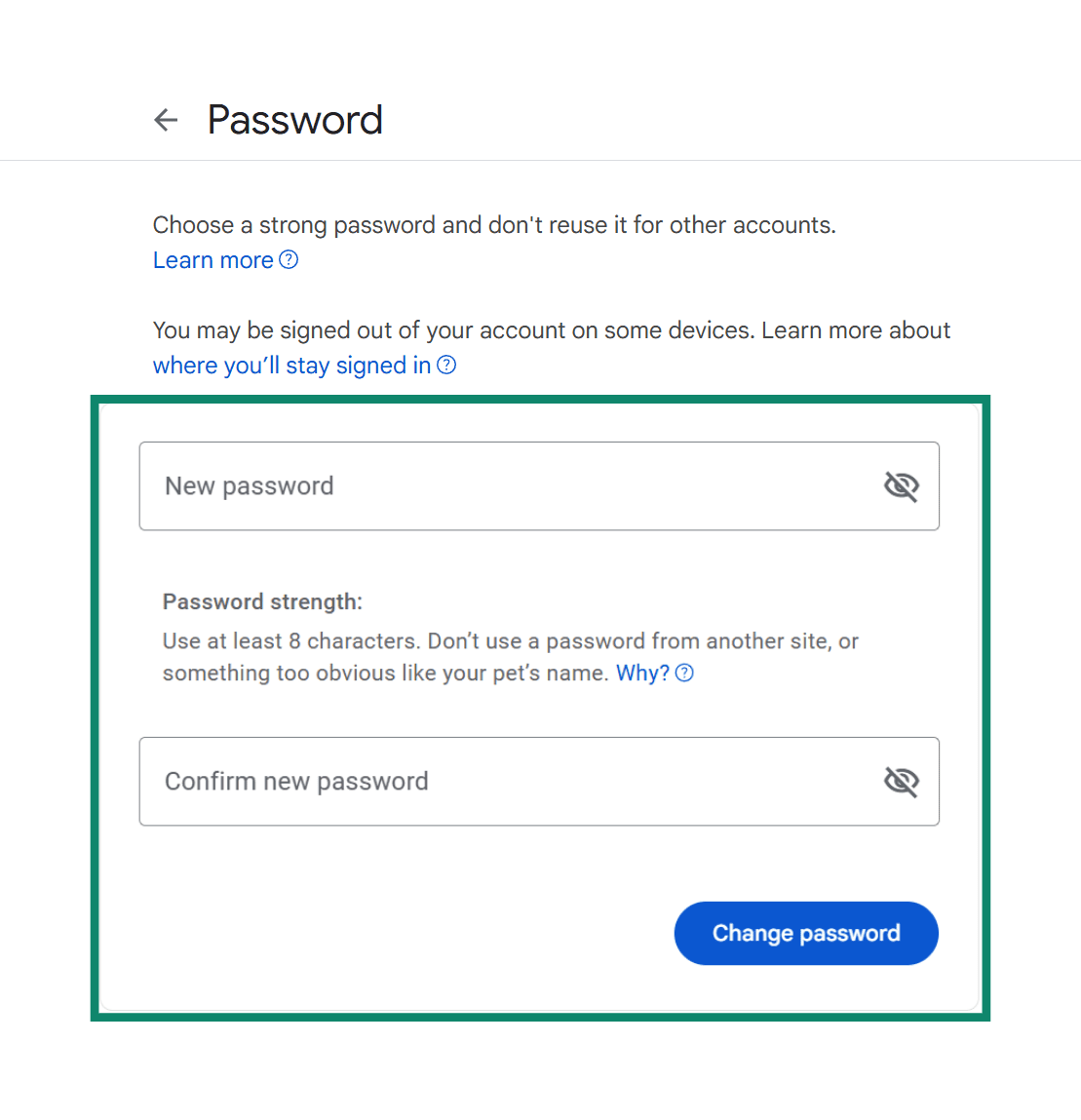 Google Account password settings