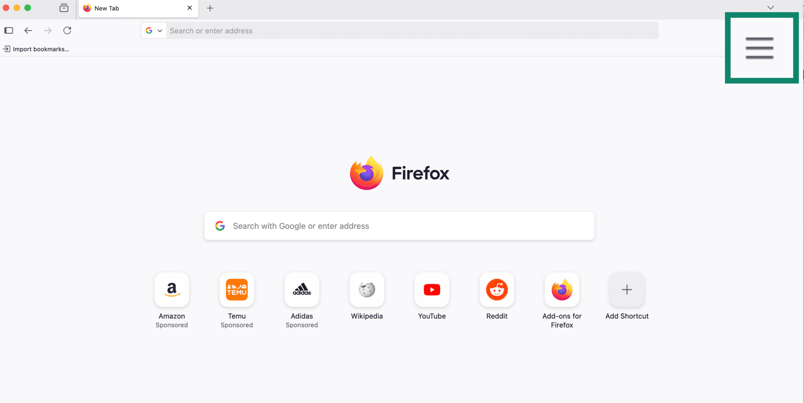 Firefox desktop home screen with menu button highlighted for private browsing access
